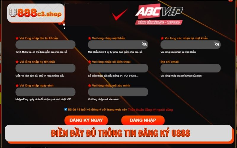 Người chơi điền đầy đủ form đăng ký U888 theo yêu cầu